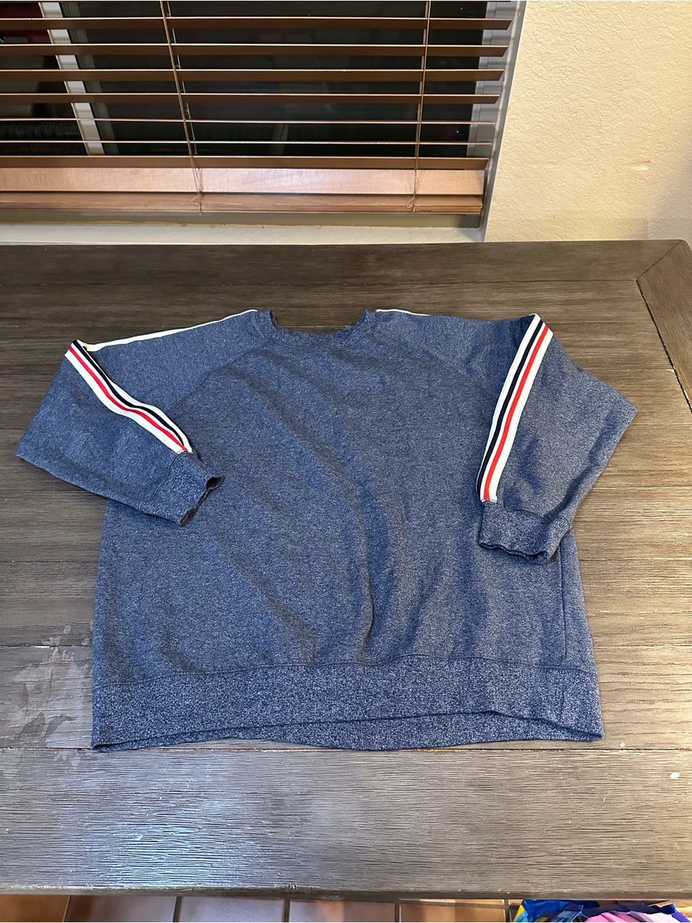 Men's Blue Crewneck Sweater with Red-White Stripe Detail Sz XL
